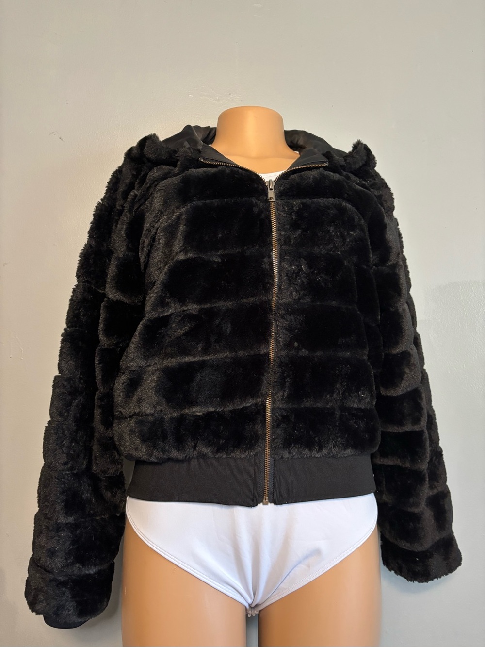 Shinestar Black Faux Fur Hooded Zip Jacket